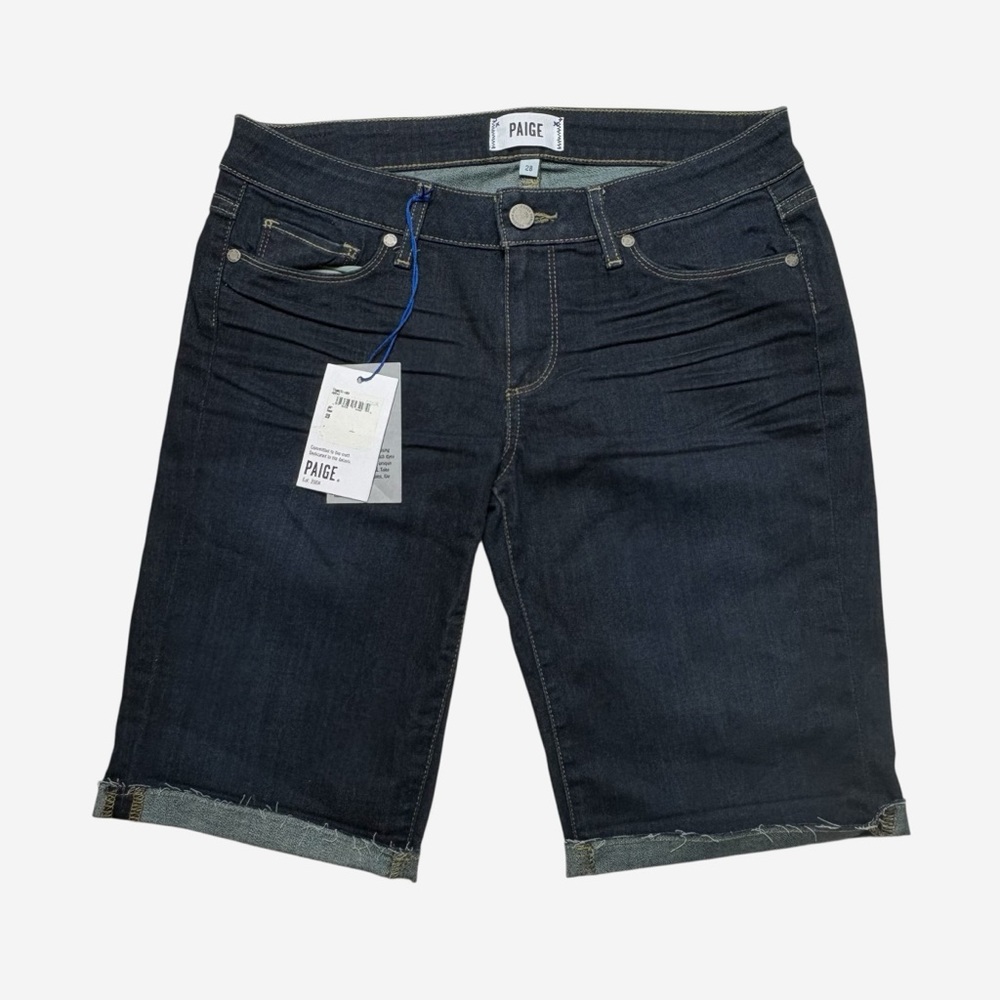 NWT PAIGE Jax Bermuda Denim Shorts Size 28 Kayla Dark Wash Stretch Raw Hem